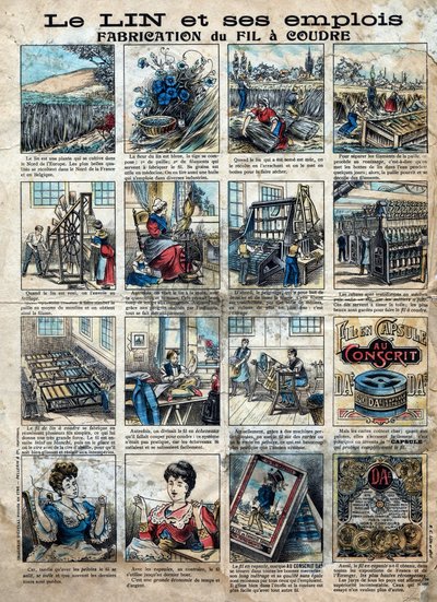 Textile, linen. The steps of sewing, manufacturing, use and marketing flax to make sewing thread. Engraving. Epinal imaging late 19th century. av French School