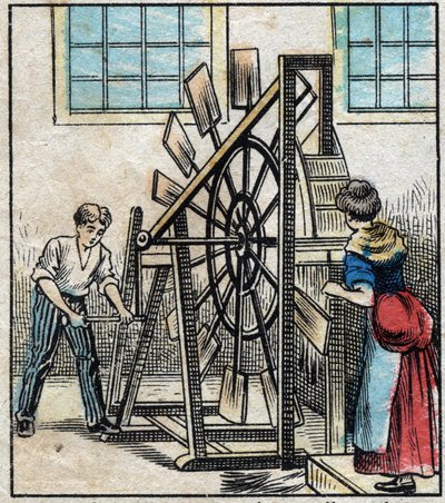 Tekstil, lin. Jordbearbeiding av lin for å få halmen til å falle ved hjelp av møllene og dermed få filassen. Gravering. Epinal avbildning sent på 1800-tallet. av French School