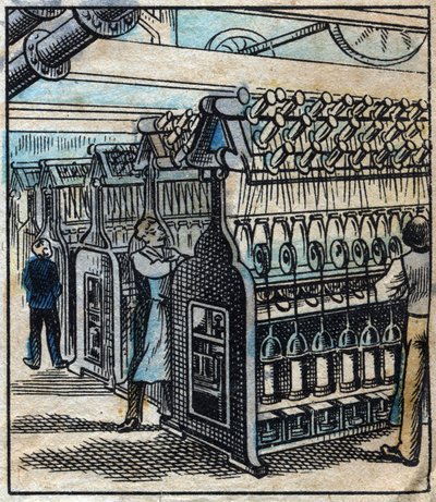 Textile, linen: the workshop. Transforming the ribbons into drills and then into threads using spinning metiers. Engraving. Epinal imaging late 19th century. av French School