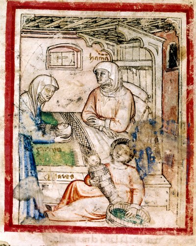 Thamar (Tamar) føder to tvillinger, Perets og Zerah, sønn av Juda, miniatyr fra codex 212 (eller padovano codice eller Bible of Padua) 1390-1400 av French School