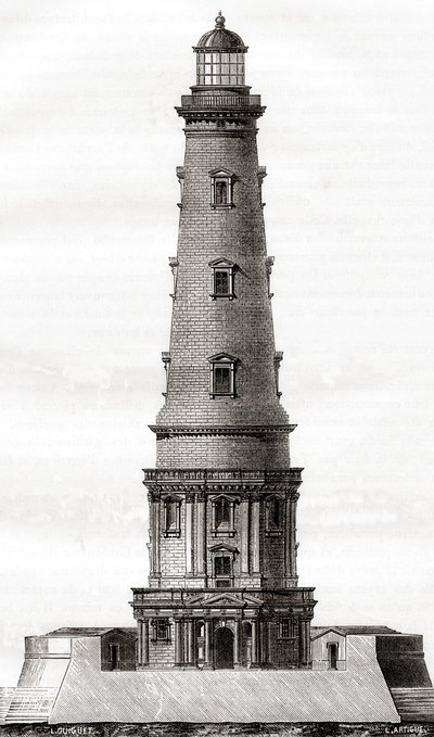 Cordouan-fyret fra 1600-tallet, nær munningen av Gironde-elvemunningen i Frankrike, sett her etter utvidelsen på 1700-tallet, fra Les Merveilles de la Science, publisert ca. 1870 (gravering) av French School
