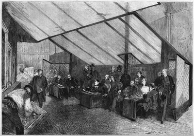 Salongen fra 1872: en sesjon av juryen for malerier. Fra høyre til venstre er Meissonnier, Ph. Rousseau, Breton, G. Boulanger, Robert Fleury (Robert-Fleury), Fromentin, Jalabert, Mazerolles, Brion, Bonnat, Baudry, Dubuffe, Delauney, Cabat. Gravering i "" L av French School