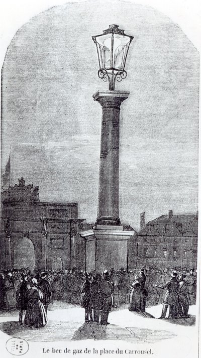 Den første gasslampen i Paris på Place du Carrousel i 1818 av French School