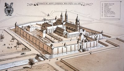 Klosteret Saint-Germain-des-Prés i ca. 1520 (farget gravering) av French School