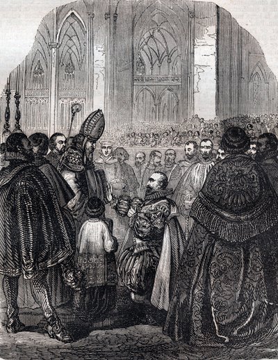Abjuration av Henry IV, konge av Frankrike ved Saint Denis 25. juli av French School