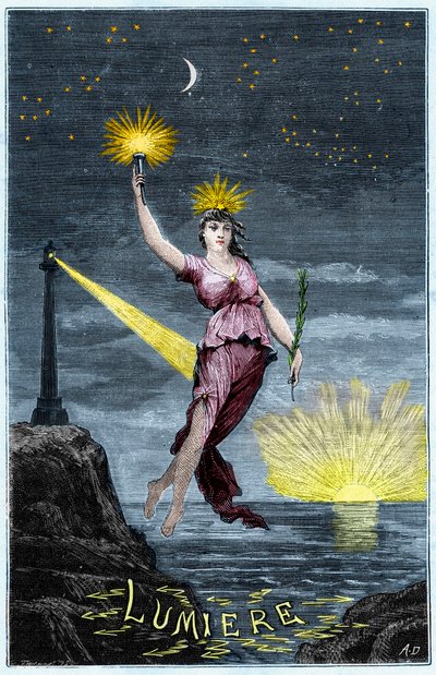 The Allegory of Light - Allegorie de la Lumiere - Gravering i "Vitenskaper gjort tilgjengelig for alle - fysikk og kjemi" av Alexis Clerc - Slutten av 1800-tallet - Privat samling av French School