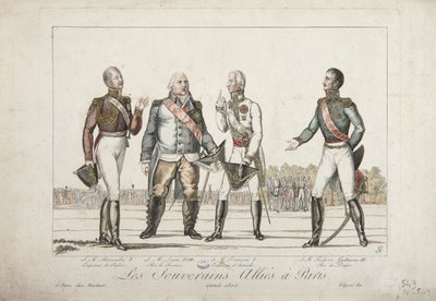 De allierte suverene i Paris, 1815, Alexander I, keiser av Russland, Louis XVIII, konge av Frankrike, Frans I, keiser av Østerrike og Frederick William III, konge av Preussen, utgitt av Martinet, 1815 av French School