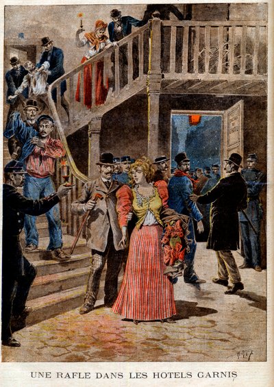 Arrestasjonen av prostituerte i Paris-hoteller (pensjonat) - En oversikt over hotellene fylt ut - i "Le Petit Journal" av 04.08.1895 (gravering) av French School