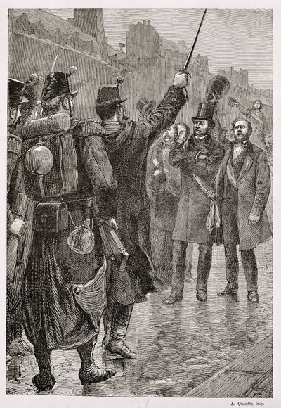 Arrestasjonen av Victor Schoelcher (1804-93) ved Saint-Antoine Barricade, 4. desember 1851 av French School