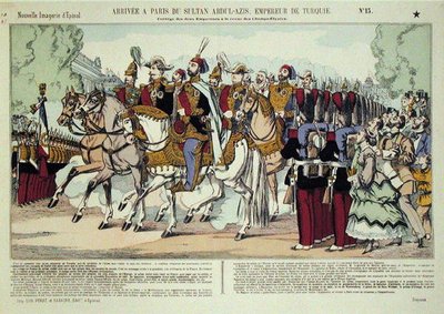 Ankomsten til sultan Abd al-Aziz (1830-76) i Paris i 1867 (farget gravering) av French School