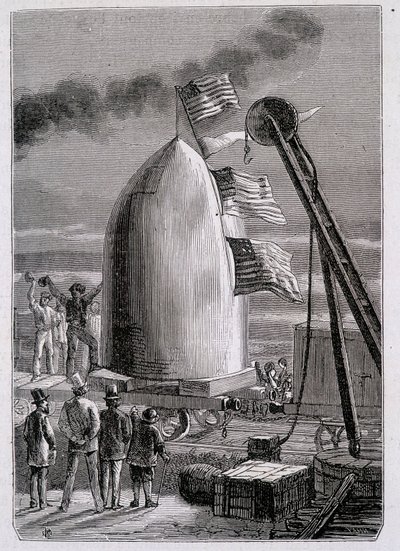 Ankomsten av prosjektilet ved Stone-Hill - i "Fra jord til måne" av Jules Verne av French School