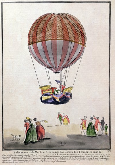 The Ascent of the Aerostat in Jardin des Tuileries, 1. desember 1783 (penn og blekk og wc på papir) av French School