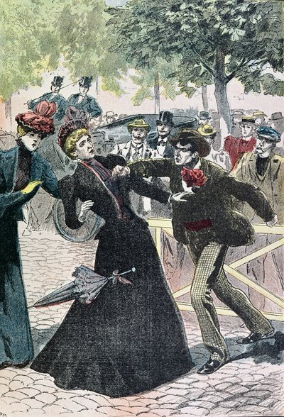 The Assassination of Elizabeth (1837-98) Keiserinne av Østerrike av Luccheni, 10. september 1898, illustrasjon fra Le Pelerin, 1898 (fargegravering) av French School