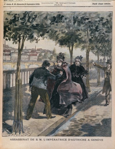 Mordet på Elizabeth (1837-98) keiserinne av Østerrike i Genève, forside av LANnee Illustree, 25. september 1898 (fargegravering) av French School