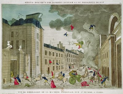 Attentatforsøket på Napoleon Bonaparte (1769-1821) på Rue Saint-Nicaise, Paris, 24. desember 1800 (farget gravering) av French School