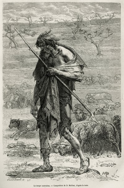 Den australske hyrden, gravert etter en tegning av D. Maillart, for å illustrere historien seks måneder i Australia, av Desire Charnay, et oppdrag fra Ministry of Public Education, i 1878, publisert i tour du monde, under ledelse av E av French School