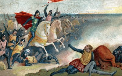 Slaget ved Hastings 14.10.1066 mellom sakserne av Harold II og Norman Armee (William I the Conquerant). Kromolitografi fra slutten av 1800-tallet. av French School