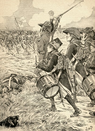 Slaget ved Marengo, Italia i 1800, kjempet mellom de franske styrkene under Napoleon Bonaparte og østerrikerne. Fra Agenda Buvard du Bon Marche publisert 1917. av French School