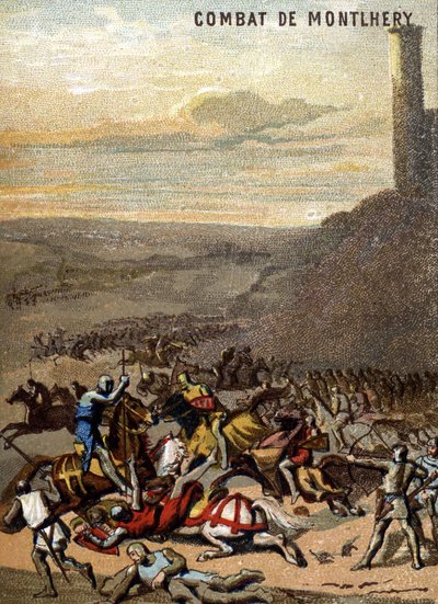 Slaget ved Montlhery (1227): Kongedømmene og feodalitten - Blanche de Castille, regente til sønnen Louis IX, var opprøret til den store føydalen. Kromolitografi av serien "" Patriotisk utdanning gjennom bilde"". av French School