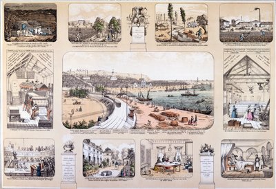 The Benefactors of Mankind, plate som viser store oppfinnelser, 2. halvdel av 1800-tallet (fargegravering) av French School