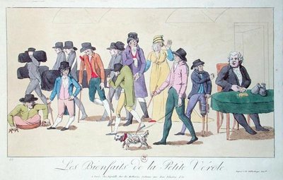 Fordelene med koppene, karikatur, ca. 1804 (fargegravering) av French School
