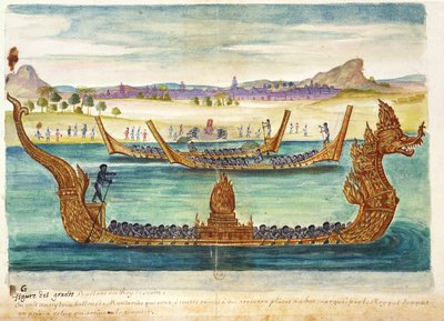 The Boats of the King of Siam, fra en beretning om jesuittene i Siam, 1688 (wc på papir) av French School