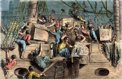 The Boston Tea Party, 6. desember 1773. av French School