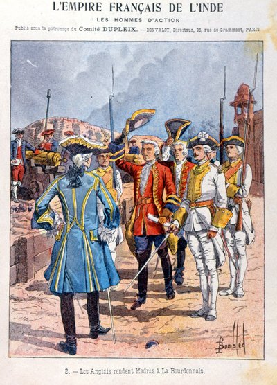 Britene overgir Madras til den franske sjefen Mahe de la Bourdonnais 21. september 1746, omslag til skoleoppgavebok, ca. 1900 av French School