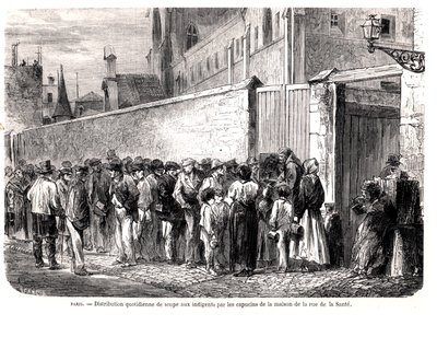 Kapusinerne i rue de la Sante distribuerer den daglige suppen til de fattige, fra Le Monde Illustre, 1860 av French School