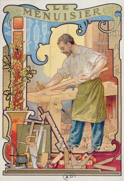 Snekkeren, illustrasjon fra en bok om håndverket, ca. 1899 av French School