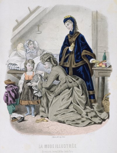 The Charitable Visit, illustrasjon fra La Mode Illustree, ca. 1870 (fargegravering) av French School