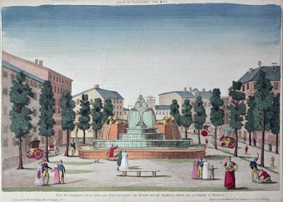 Chateau dEau-fontenen på Boulevard du Temple, Paris (fargegravering) av French School