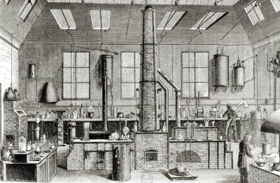 Kjemilaboratoriet til en skole i Paris, fra Almanach du Magasin Pittoresque, 1870 av French School