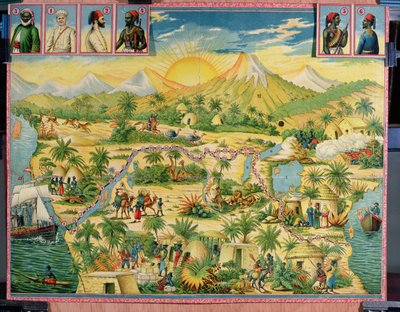 The Conquest of Africa, brettspill basert på reisene til Sir Henry Morton Stanley (1841-1904) og David Livingstone (1813-73) (fargegravering) av French School