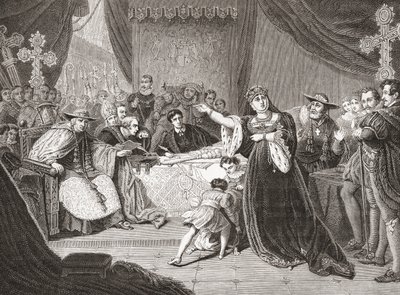Court for the Trial of Queen Katharine av George Henry Harlow, som viser fru Siddons som dronning Katharine i Shakespeares Henry VIII. Fra Histoire des Peintres, École Anglaise, utgitt 1867 (litho) av French School