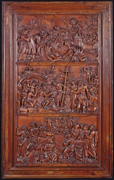 The Credo, Panel II: Decsent from the Cross, Entombment, Resurrection and Descent into Limbo and Ascension, 1587 (tre) (se også 414036, 4140389) av French School