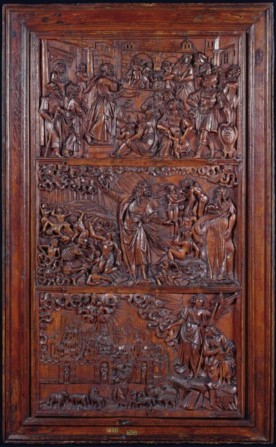 The Credo, Panel IV: The Remission of Sins, Ezekiels Vision of the Dry Bones og St. Johns Vision of Jerusalem, 1587 (tre) (se også 414036-8) av French School