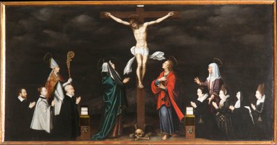 Korsfestelsen, portretter av givere. Triptyk av Aubery av French School