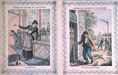The Dangers of Alcoholism, omslag til en skoleoppgavebok. ca. 1900 (farge litho) av French School