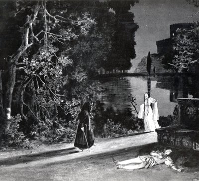 The Death of Pelleas, Act IV, Scene 4 av Pelleas et Melisande av Debussy, fra et fotografi av den første produksjonen i april 1902 av operaen på Opera-Comique i Paris, illustrasjon i Theatre m av French School