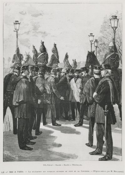 Fagforeningenes delegasjon ved Pont de la Concorde under demonstrasjonen for 1. mai i Paris, 1. mai 1890, gravert av L. Moulignie, regravering) av French School