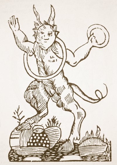 Djevelen som peker ut skjulte skatter, kopi av en illustrasjon fra Le Veritable Dragon Rouge, Lille 1521, brukt i en magihistorie, utgitt sent på 1800-tallet av French School