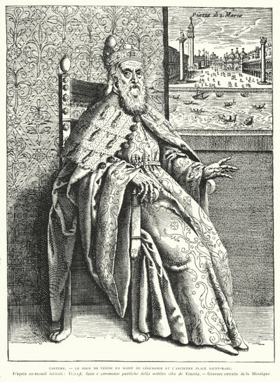 Dogen av Venezia i sine seremonielle kapper, og den gamle Markusplassen (gravering) av French School