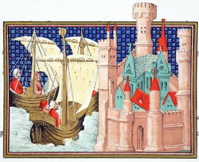 Hertugen av Salisbury ankommer Conway Castle fra Irland, faksimilekopi fra Le Prince et Mort du Roy Richart av Jean Creton, trykt 1800-tallet av French School