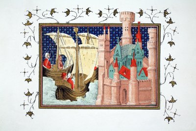 Hertugen av Salisbury ankommer Conway Castle fra Irland, faksimilekopi fra Le Prince et Mort du Roy Richart av Jean Creton, trykt 1800-tallet av French School
