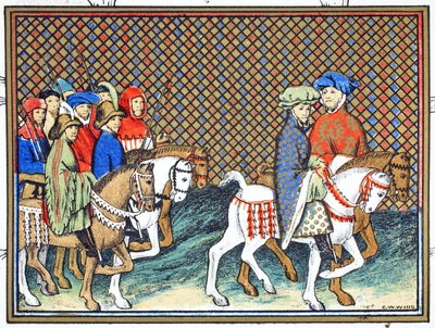 Hertugene av Exeter og Surrey sendt av Richard II fra Conway castle til Chester for å behandle med hertugen av Lancaster, faksimilekopi fra Le Prinse et Mort du Roy Richart av Jean Creton, gjengitt 19. av French School