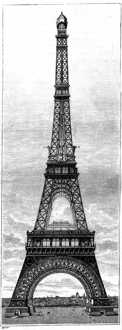 Eiffeltårnet, 300 meter høyt tårn for verdensutstillingen i 1889, i Paris, av ingeniør og industriell Gustave Eiffel (1832-1923). Gravering i "" La Nature. Revue des sciences et de ses applications aux arts et à l'industrie.» 1884. av French School