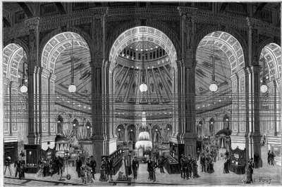 The Electricite Exhibition in Vienna (Austria), an overview of the large rotunda illuminated by electric light. Engraving in “” La Nature. Revue des sciences et de ses applications aux arts et à l