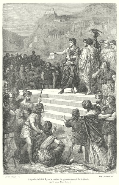 Keiser Augustus etablerer det administrative senteret til Romersk Gallia ved Lugdunum (Lyon) av French School