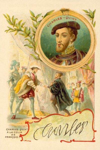 Keiseren Charles V ved hoffet til Frans I av Frankrike (chromolitho) av French School